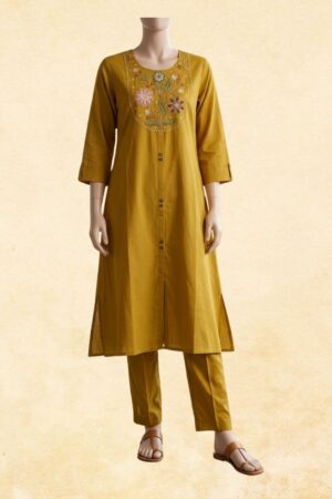 Golden Mustard Floral Embroidered Yoke A-Line Kurta with Slim Pant | 2-Piece Women's Ethnic Co-ord Set