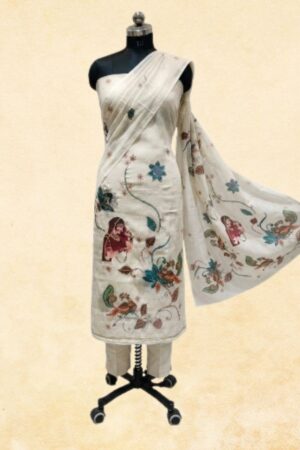 Off-White Linen Unstitched Dress Material with Kantha Hand-Painted Work — Rajasthani Banjaran Print Suit with Matching Dupatta