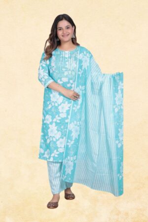 Sky Blue Pure Cotton 3-Piece Floral Block Print Kurta Set with Embroidered Yoke Detail & Striped Dupatta