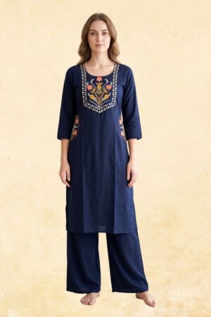 Navy Blue Dabu Cotton 2-Piece Kurta Palazzo Set with Multicolor Floral Bouquet Embroidery