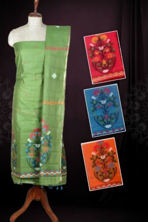 Olive Green Jamdani Linen Unstitched Dress Material with Resham Thread Floral Vase Bouquet Motif & Scallop Border — 3 Piece Set