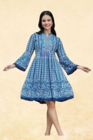 Indigo Blue Dabu Block Print Flared Tunic Top — Women's Gathered Waist Bell Sleeve Ethnic Short Kurta