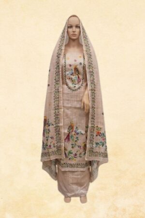 Beige Tissue Silk Unstitched Dress Material with Kantha Embroidery — Parrot & Floral Handwork Salwar Suit with Printed Dupatta
