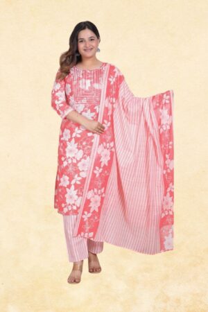 Coral Pink Pure Cotton 3-Piece Floral Block Print Kurta Set with Embroidered Yoke Detail & Striped Dupatta