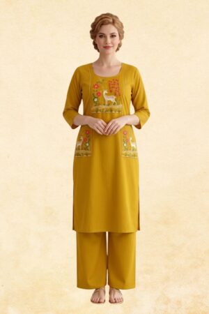 Mustard Yellow Dabu Cotton 2-Piece Kurta Palazzo Set