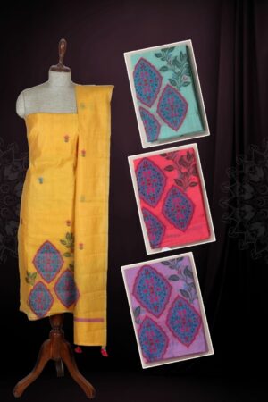 Mustard Yellow Jamdani Linen Unstitched Dress Material with Resham Thread Geometric Medallion & Floral Sprig Motif — 3 Piece Set