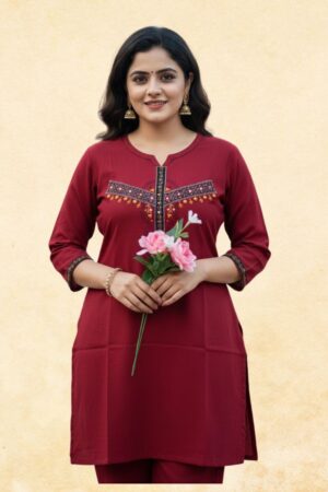 Deep Maroon Mirror & Thread Embroidered Kurta with Trouser | 2-Piece Women's Ethnic Set