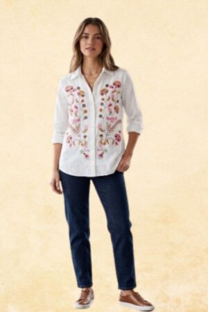 White Multicolor Floral Embroidered Shirt Top — Women's Front Panel Botanical Button-Down Tunic