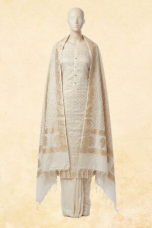 Off-White Chanderi Silk Zari Woven Unstitched Dress Material with Gold Zari Border Dupatta