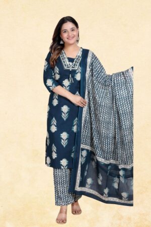 Dark Teal Pure Cotton 3-Piece Floral Buti Block Print Kurta Set with Embroidered Yoke, Tassel Detail & Chevron Printed Dupatta