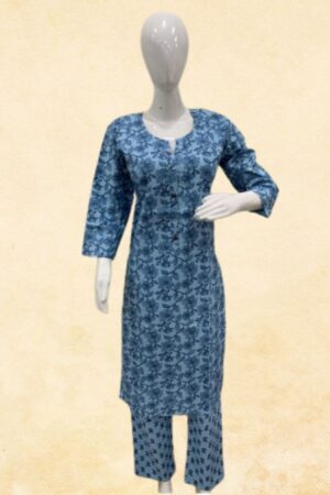 Steel Blue Pure Cotton 2-Piece Tone-on-Tone Floral Block Print Kurta Set with Button Placket & Printed Pant