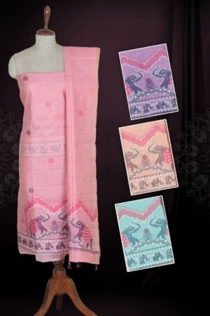 Baby Pink Jamdani Linen Unstitched Dress Material with Resham Thread Royal Elephant Procession Motif & Arch Border — 3 Piece Set