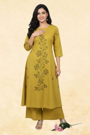 Mustard Yellow Floral Embroidered A-Line Kurta with Palazzo | 2-Piece Women's Ethnic Set