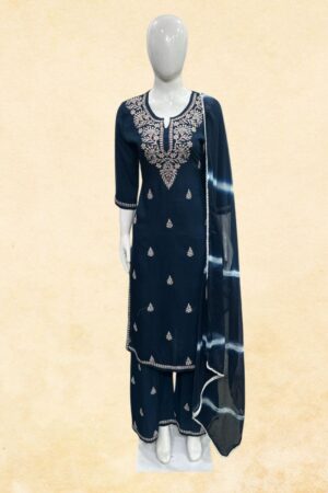 Navy Blue Rayon 3-Piece Lucknowi Chikankari Kurta Sharara Set with Shibori Chiffon Dupatta