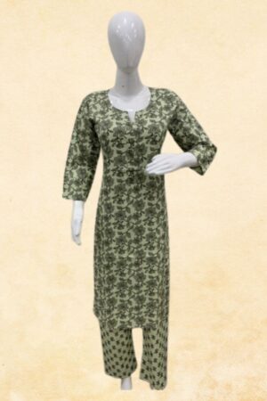 Sage Green Pure Cotton 2-Piece Tone-on-Tone Floral Block Print Kurta Set with Notch Neck & Printed Pant