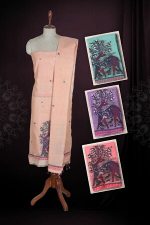 Peach Jamdani Linen Unstitched Dress Material with Resham Thread Madhubani Forest Motif & Ethnic Zigzag Border — 3 Piece Set
