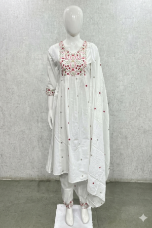 Pure White Floral Embroidered Pleated Anarkali Kurta Set with Pants & Dupatta