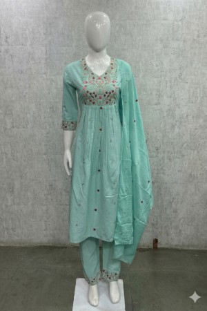 Mint Green Floral Embroidered Pleated Anarkali Kurta Set with Pants & Dupatta