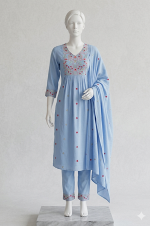 Sky Blue Floral Embroidered Pleated Anarkali Kurta Set with Pants & Dupatta