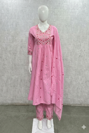 Baby Pink Floral Embroidered Anarkali Kurta with Pant & Dupatta | 3-Piece Women's Ethnic Set