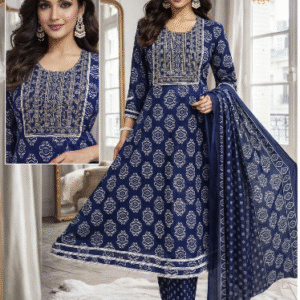 Royal Blue Ethnic Anarkali Kurti Set with Printed Dupatta for Women