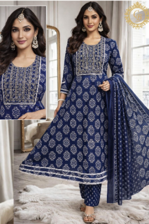Royal Blue Ethnic Anarkali Kurti Set with Printed Dupatta for Women