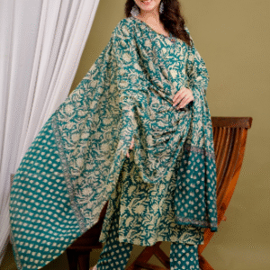 Emerald Green Floral Printed Cotton Kurta Pant Set with Dupatta