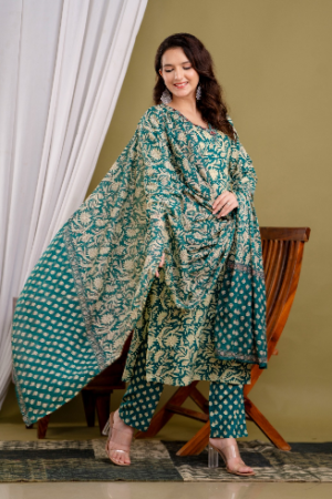 Emerald Green Floral Printed Cotton Kurta Pant Set with Dupatta