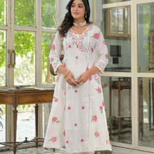 Ivory Floral Embroidered Cotton Kurta Set with Dupatta