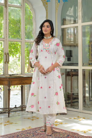 Ivory Floral Embroidered Cotton Kurta Set with Dupatta