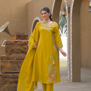 Mustard Yellow Floral Embroidered Cotton Kurta Pant Set with Dupatta