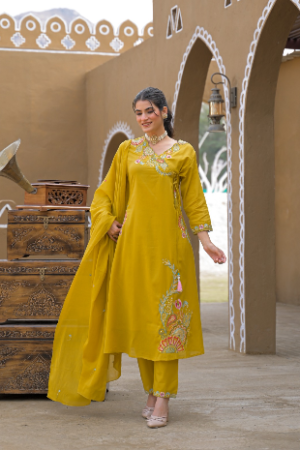 Mustard Yellow Floral Embroidered Cotton Kurta Pant Set with Dupatta