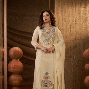 Cream Embroidered Kurta Set with Dupatta