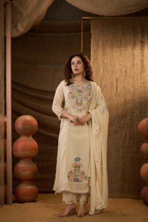 Cream Multicolour Floral Embroidered Straight Kurta with Pant & Dupatta | 3-Piece Women's Ethnic Set