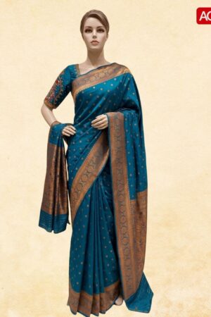 Elegant Teal Blue Tanvi Paithani Saree with Copper Zari Border
