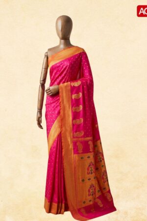 Bright Pink Tanvi Paithani Saree with Gold Zari Border