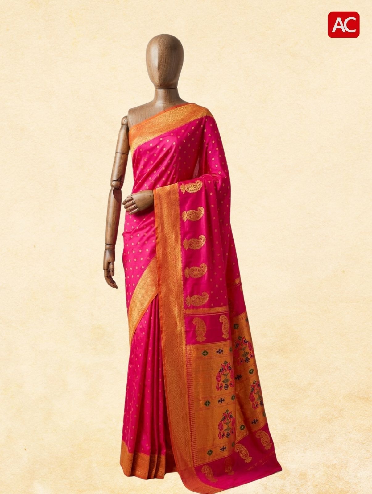 Bright Pink Tanvi Paithani Saree with Gold Zari Border