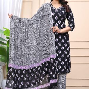 Midnight Black Floral Printed Cotton Kurta Pant Set with Dupatta