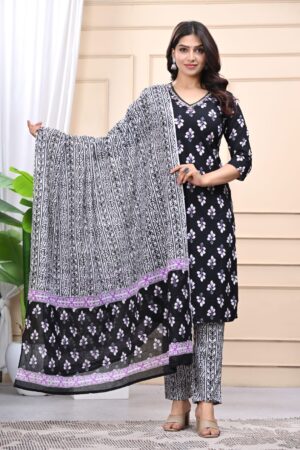 Midnight Black Floral Printed Cotton Kurta Pant Set with Dupatta