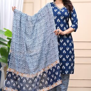 Indigo Blue Floral Printed Cotton Kurta Pant Set with Dupatta
