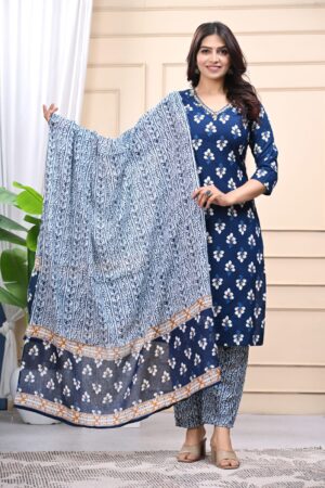 Indigo Blue Floral Printed Cotton Kurta Pant Set with Dupatta