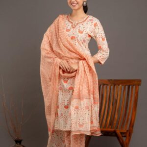 Peach Blossom Printed Cotton Kurta Pant Set with Dupatta