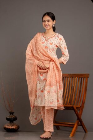 Peach Blossom Printed Cotton Kurta Pant Set with Dupatta
