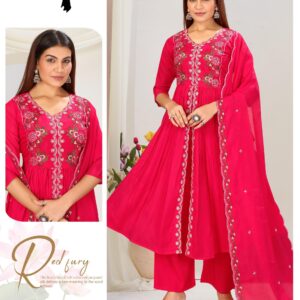 Pink Embroidered Mal Chanderi Silk Anarkali Kurti Set with Dupatta