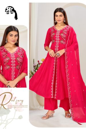 Pink Embroidered Mal Chanderi Silk Anarkali Kurti Set with Dupatta