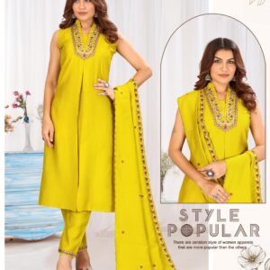 Yellow Embroidered Straight Roman Silk Kurti Set with Dupatta