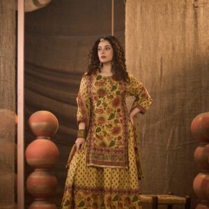 Beige Floral Printed Ethnic Kurti Set with Dupatta