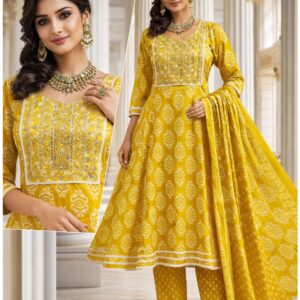 Mustard Yellow Ethnic Printed Anarkali Kurti Set with Dupatta