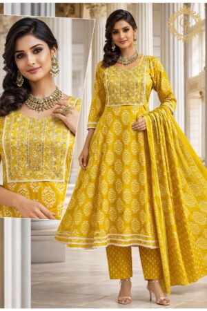 Mustard Yellow Ethnic Printed Anarkali Kurti Set with Dupatta