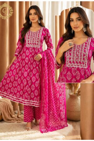 Pink Ethnic Printed Anarkali Kurti Set with Dupatta